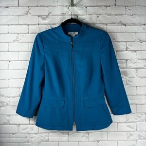 White House Black Market Women’s Blazer Jacket Blue Zip Front Fit Flare Mod | 6